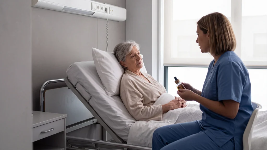 Aromaterapia en cuidados paliativos: enfermera conversando con una paciente mayor en su cama de hospital