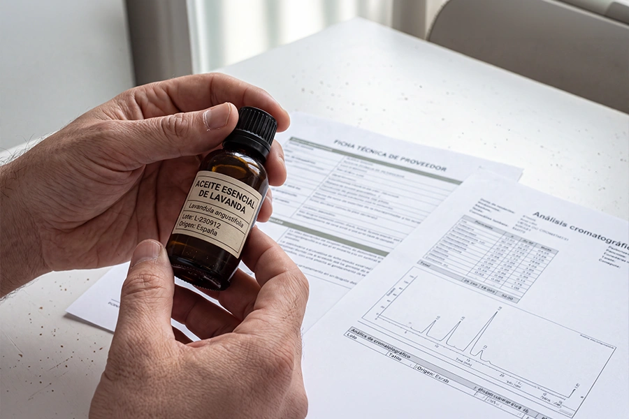 Manos sosteniendo un frasco de aceite esencial junto a un informe de cromatografía, aromaterapia para dormir