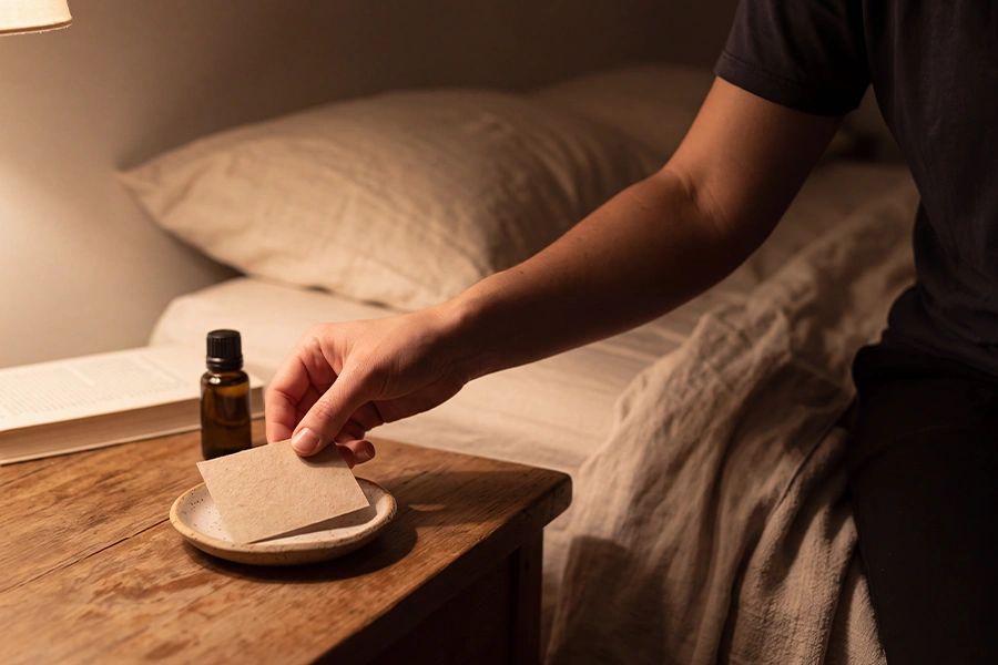 Persona colocando una tarjeta con aceite esencial en la mesilla de noche: aromaterapia para dormir en la rutina nocturna
