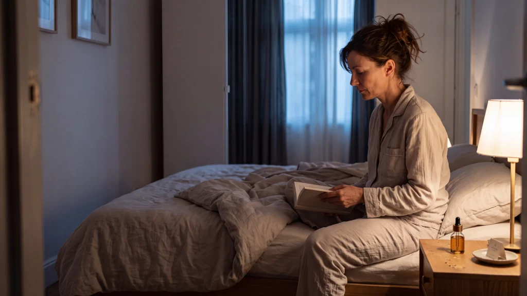 Aromaterapia para dormir: mujer en pijama leyendo en la cama junto a un frasco de aceite esencial en la mesilla