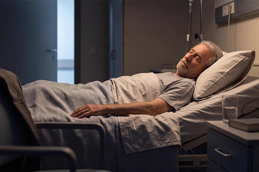 Paciente mayor descansando en una habitación de hospital con luz tenue, apoyo al confort en cuidados paliativos